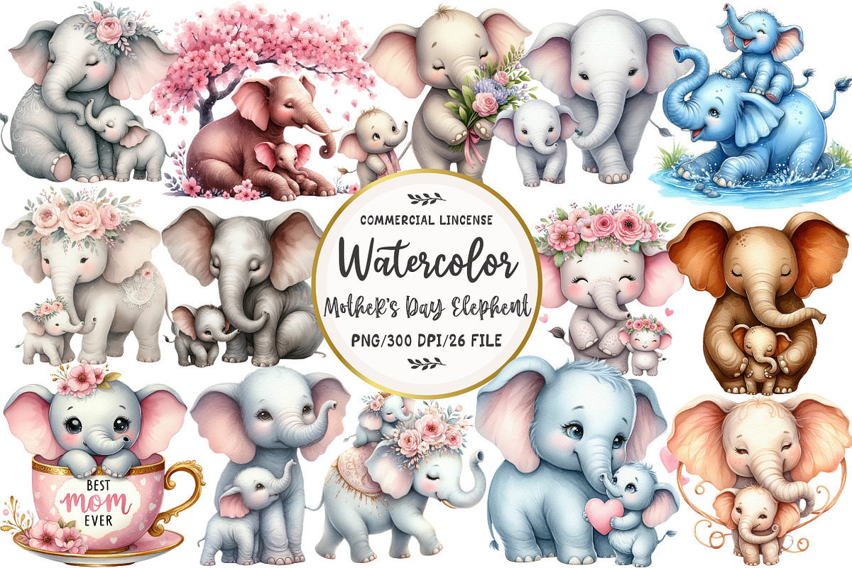 Mother's Day Elephant Clipart, an Illustration by OK Design (Photo 1 of 5)