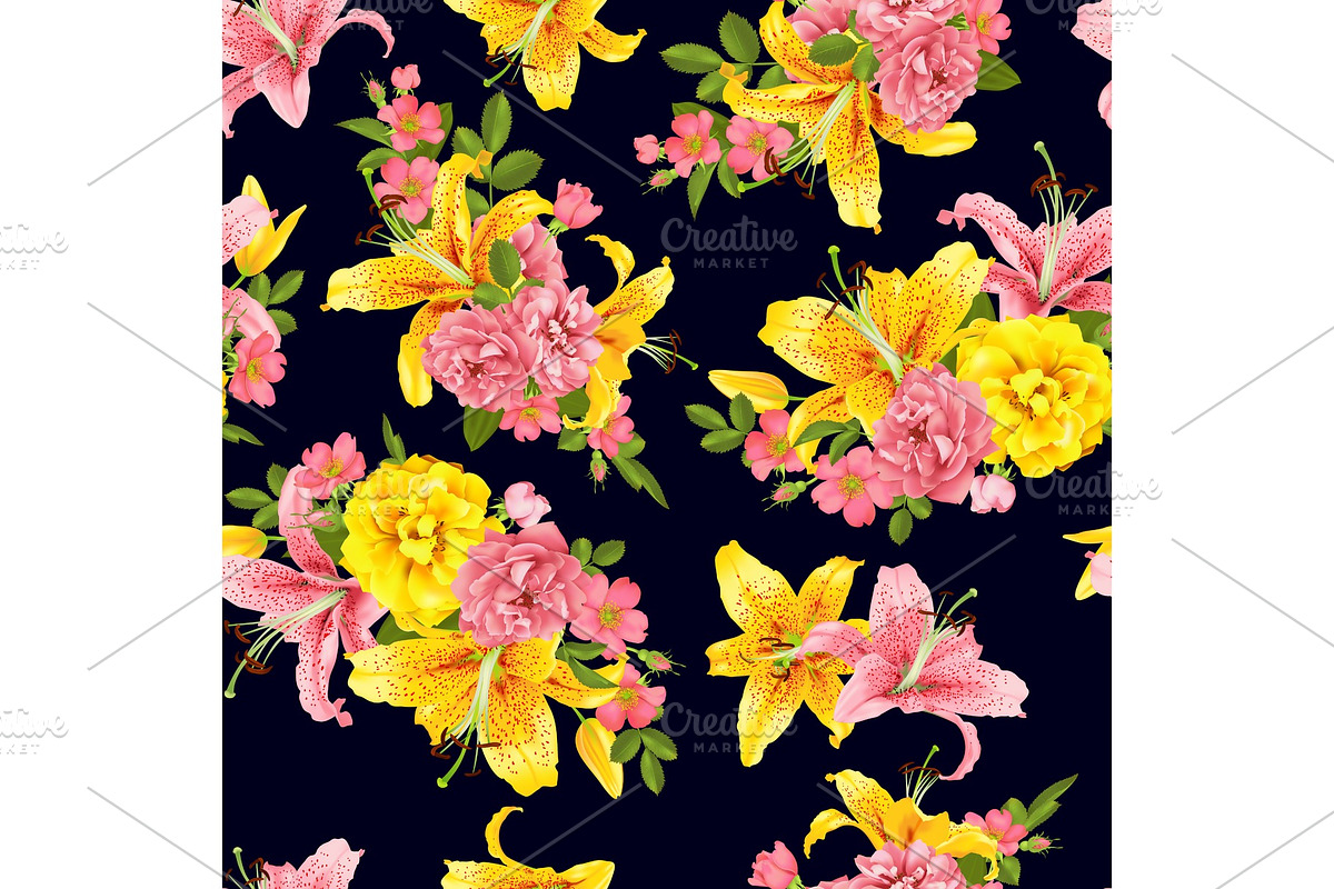 pink Rose and lily seamless pattern Vector, a Decorative Illustration by irska