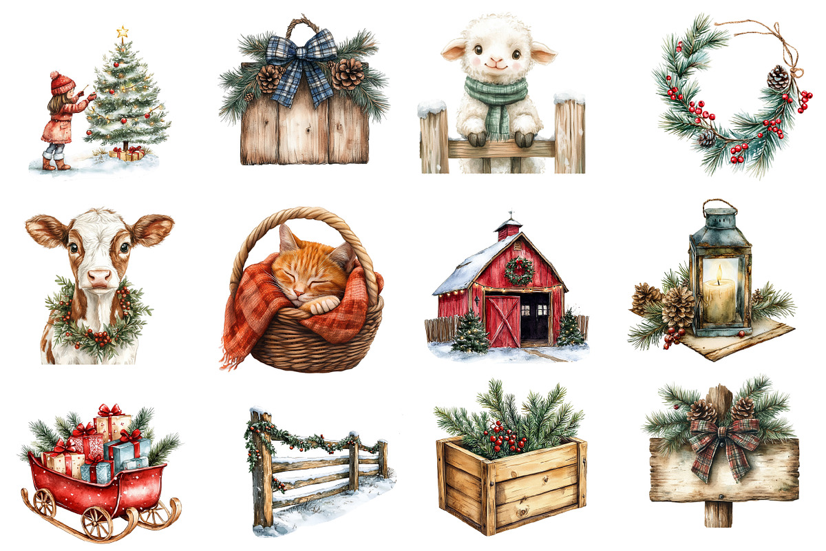 Cozy Farm Christmas watercolor clipa, an Illustration by Designworld (Photo 3 of 6)