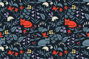 Seamless Flowers And Cats