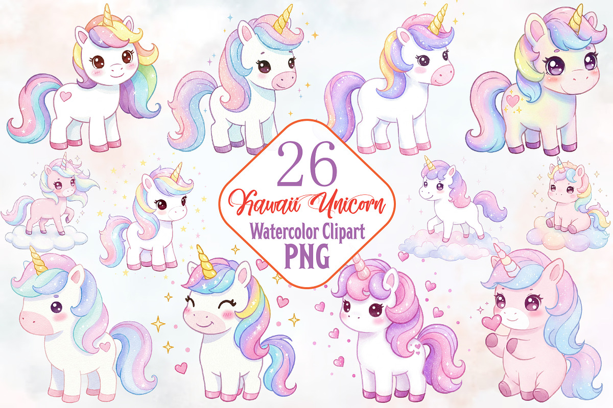 Cute Kawaii Unicorn Clipart PNG, an Animal Illustration by RobertsArt (Photo 1 of 7)