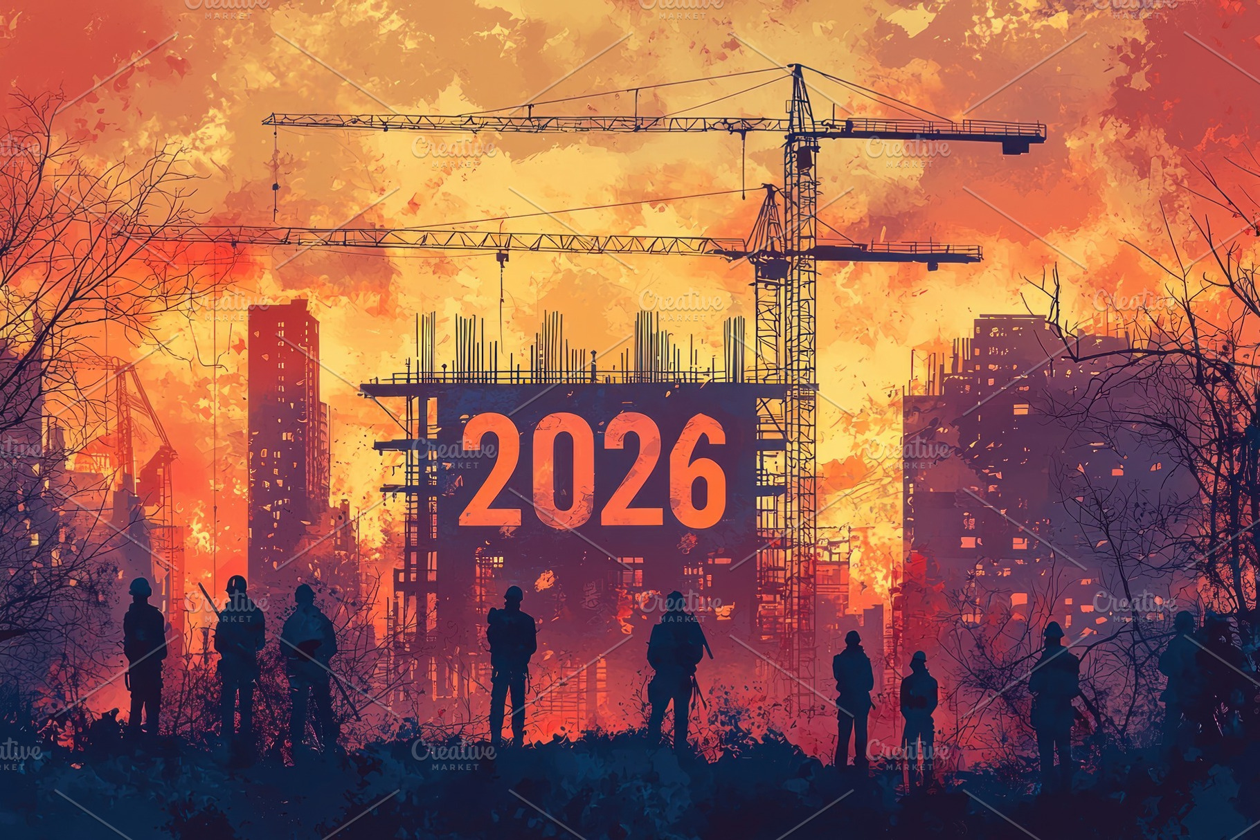 Futuristic city construction scene with 2026 on building frame,, a Food & Drink Photo by José Manuel Gelpi