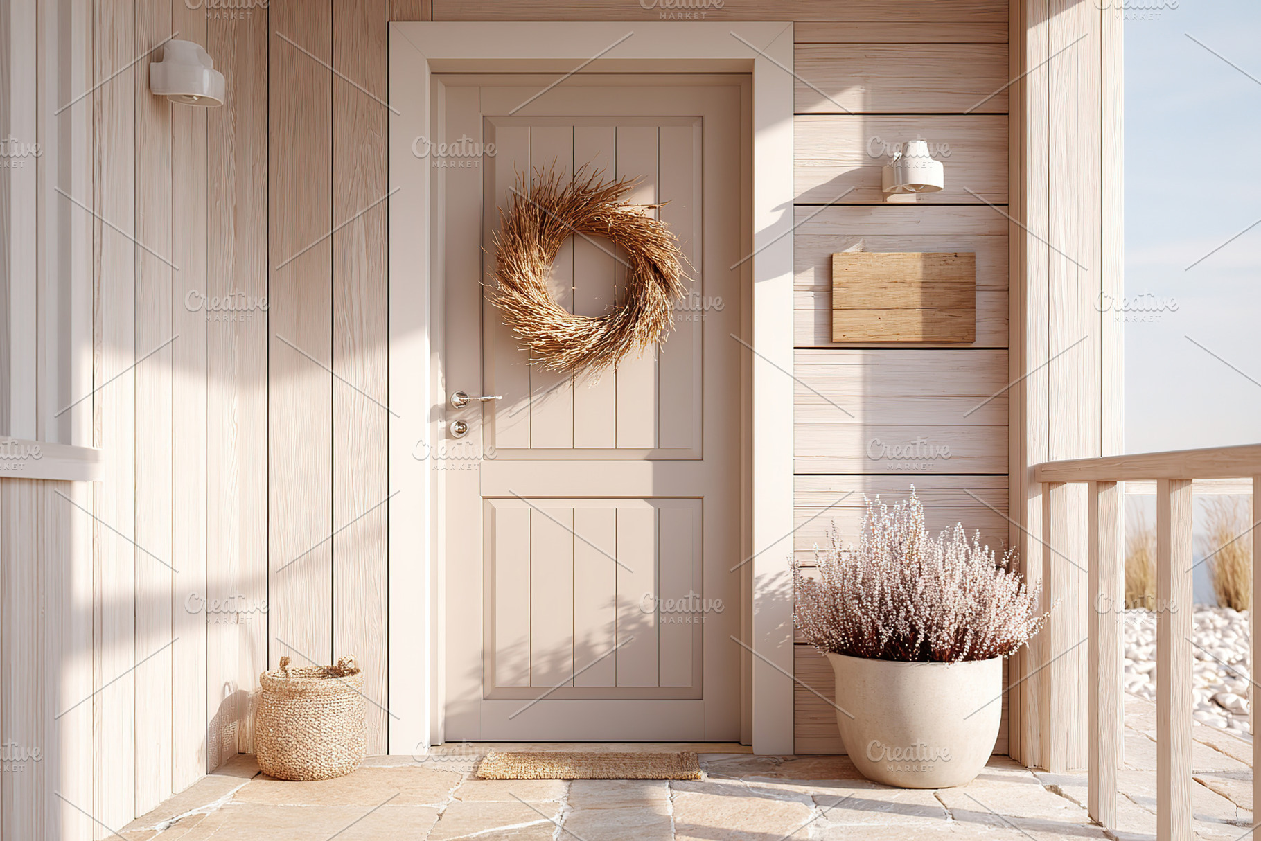 Cozy entrance with a rustic wreath on a beige door surrounded by minimalist dec, a Photo by AlyaAnd