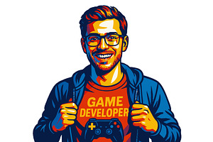 Smiling Male Game Developer Holding, a Person Illustration by AlexArt
