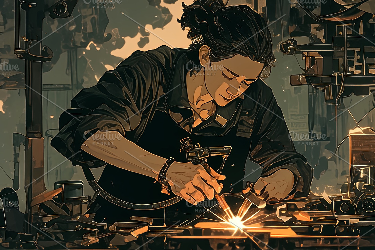 Young female artist welding metal in a workshop surrounded by tools, an Illustration by AS photostudio