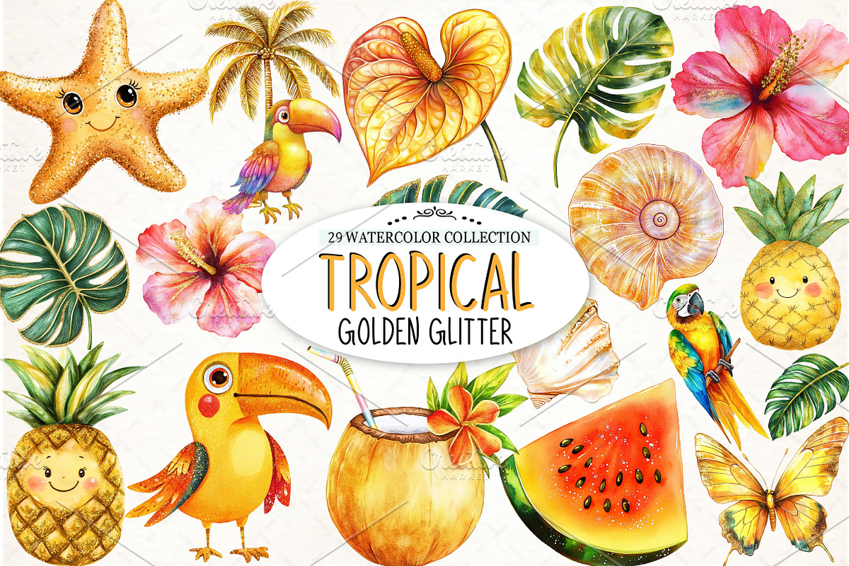 Tropical Clip Art Golden Glitter, an Illustration by Watercolor design (Photo 1 of 4)