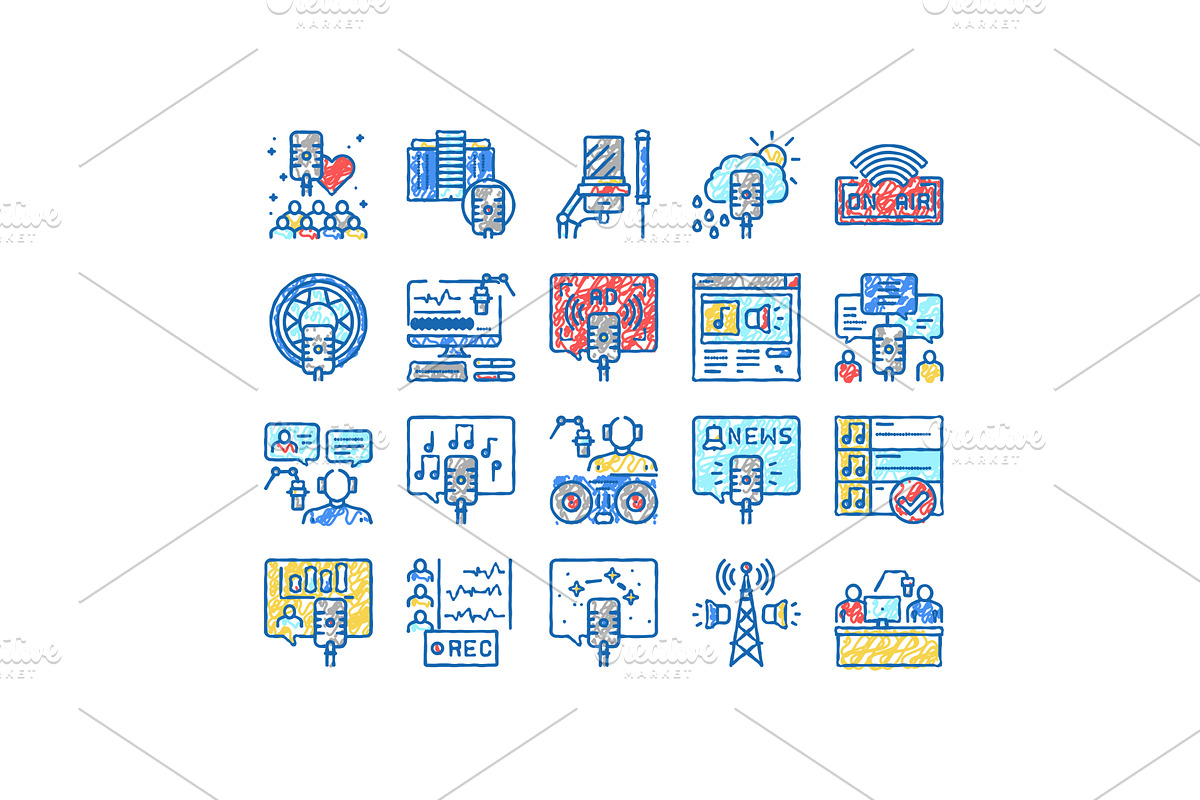 Radio Studio Podcast set Icons hand, an Object Illustration by pikepicture