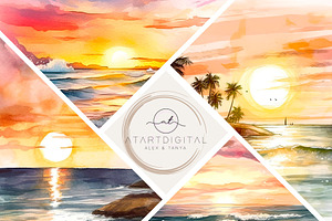 Watercolor Beach Sunsets Digital