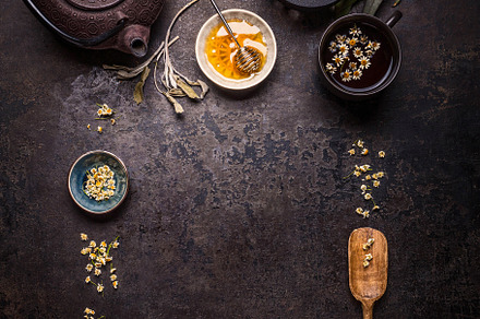Healthy herbal tea background featuring above, background, and beverage, a Health & Medical Photo by VICUSCHKA