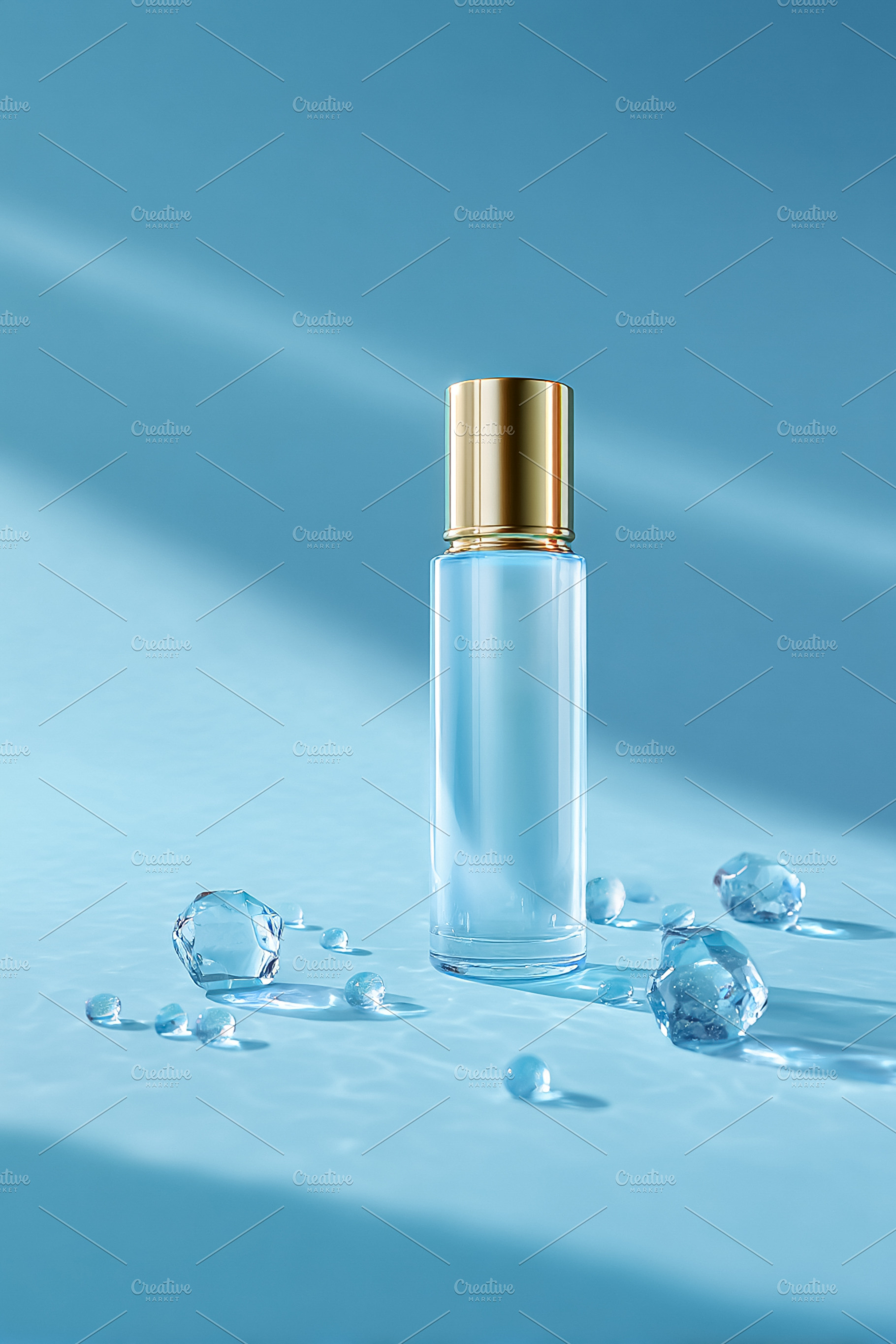 Blue cosmetic bottle with golden cap standing on clean surface w, a Photo by Studio ANNA