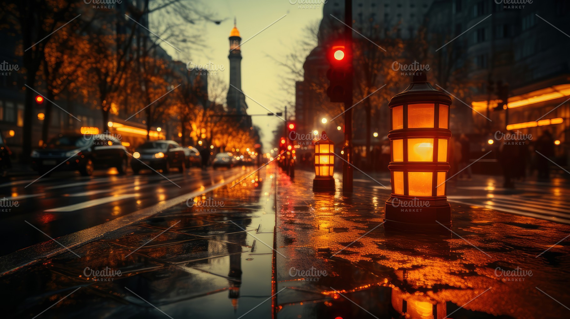 Rainy Evening Cityscape With Glowing Street lamps and Reflective Wet Roads, a Photo by AS photostudio