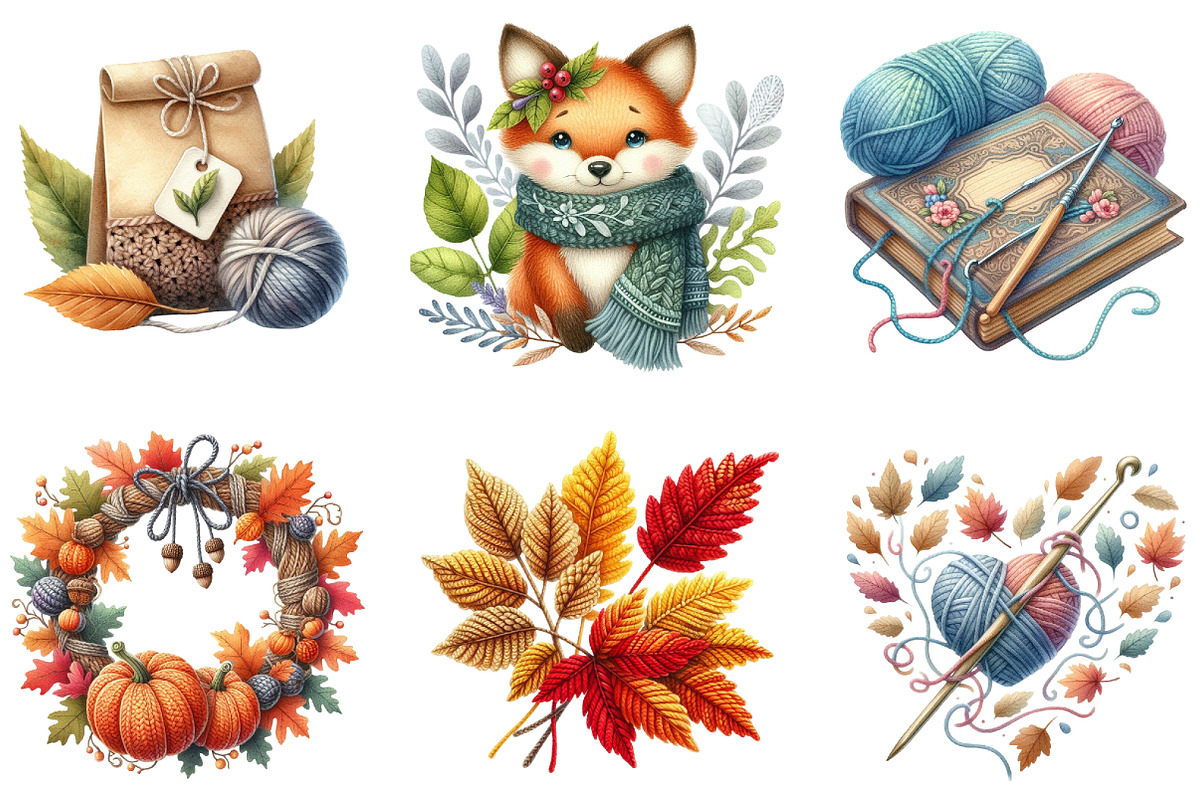 Watercolor Crochet Autumn Clipart, an Illustration by DreamArtGraphic (Photo 5 of 5)