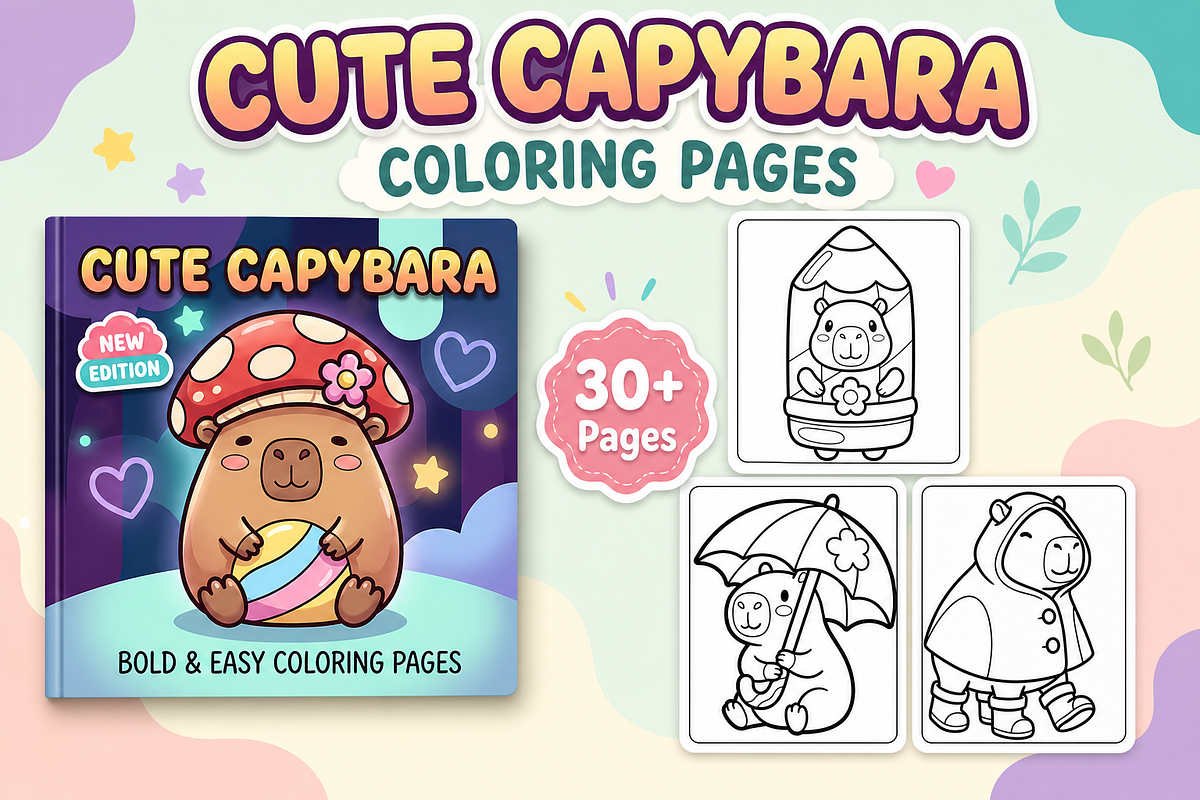 Capybara Coloring Pages for Kids, an Animal Illustration by Inkivelle Studio (Photo 1 of 3)