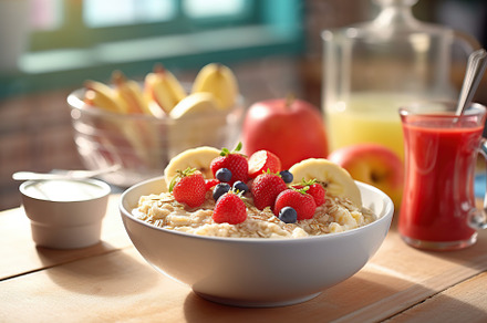 Tasty oatmeal with fruits in bowl on table, a Food & Drink Photo by AlyaAnd