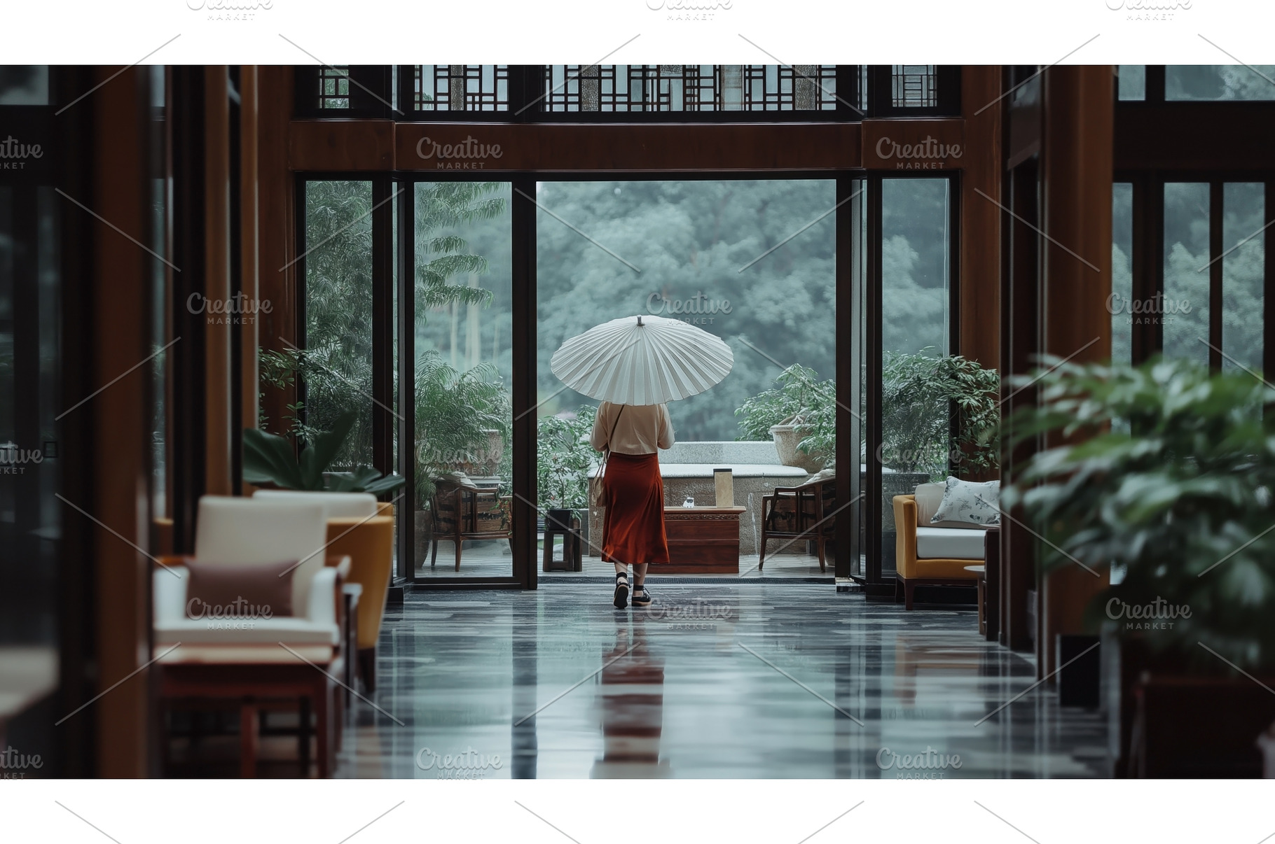 A woman with a parasol walks towards, an Architecture Photo by Sergey Kotenev