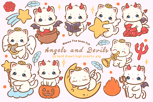Kawaii white cat angels and devils, an Animal Illustration by Blumensdiary