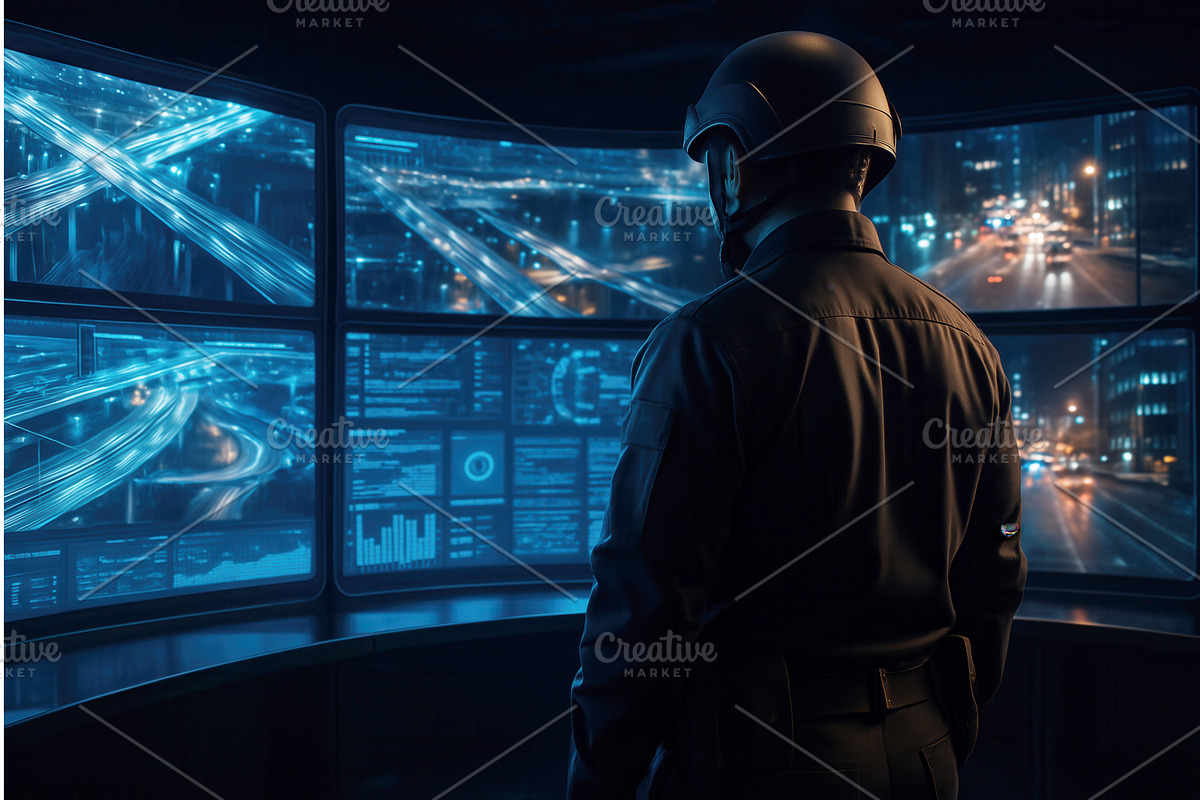 A security officer wearing a helmet, a Technology Illustration by Sergey Kotenev