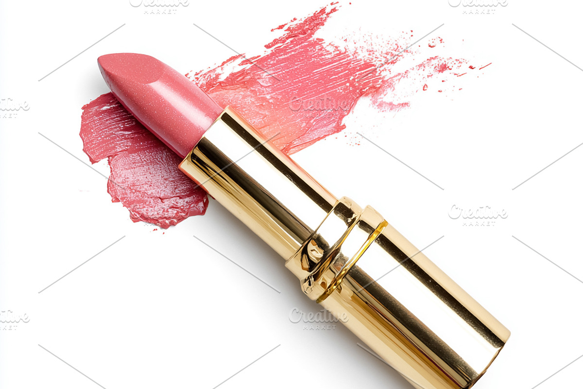 Pink lipstick in gold tube with smear on white background, beaut, a Beauty & Fashion Photo by Studio ANNA (Photo 2 of 2)