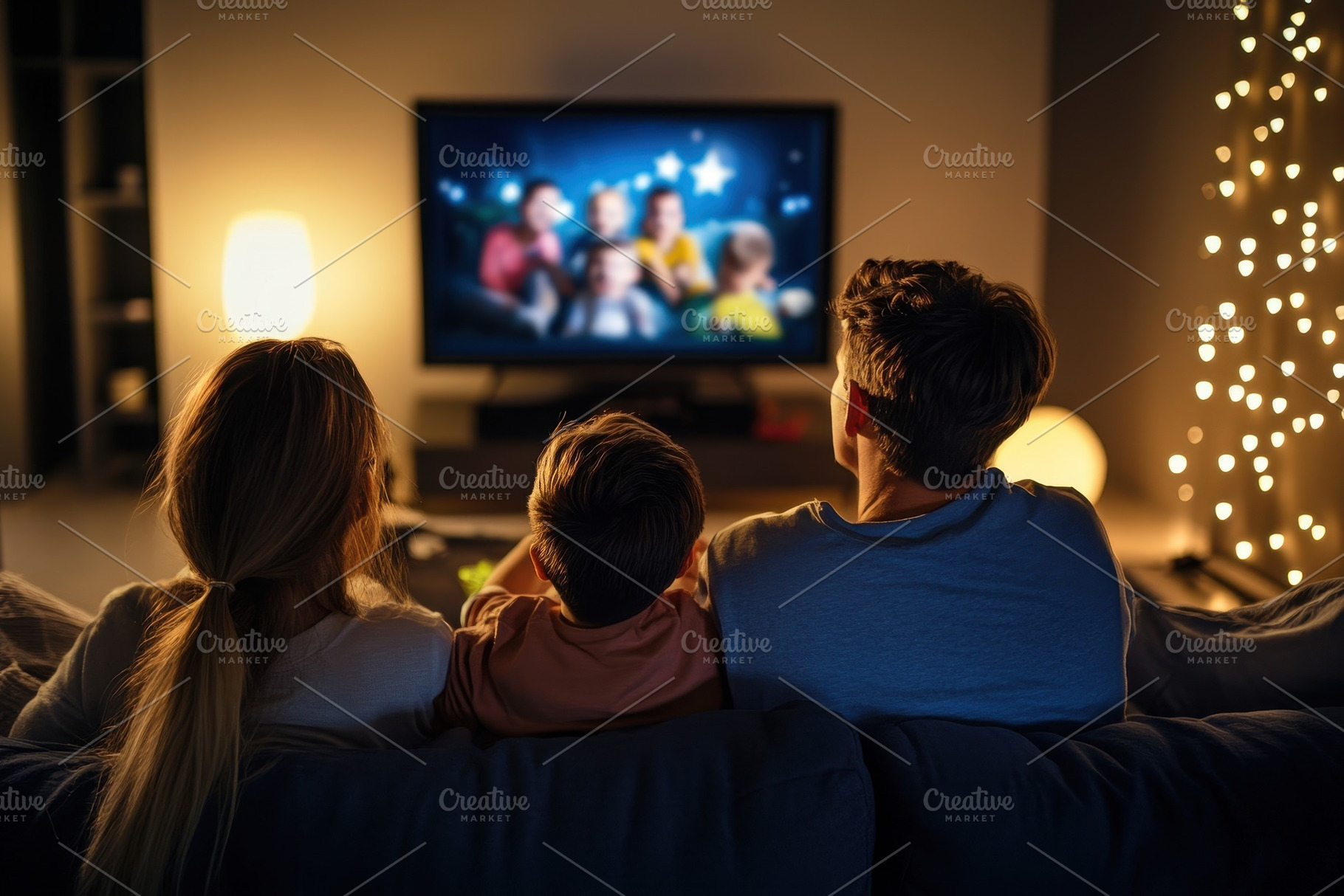 Family watching television together, a Photo by Pavel_design