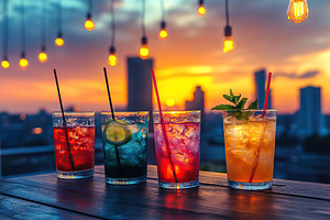 Vibrant cocktails illuminated by hanging lights at a lively rooftop bar during, a Food & Drink Photo by AlyaAnd