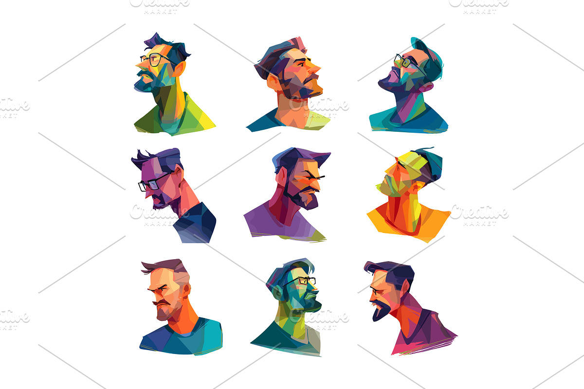 Male avatars low poly vector set, an Object Illustration by Onyx