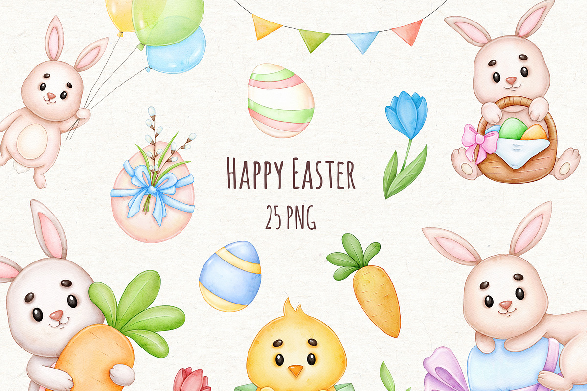 Cute Easter Bunny Watercolor Clipart, an Animal Illustration by ekossa_art (Photo 1 of 5)