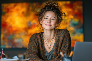 Smiling Creative Woman Working on Laptop in Art Studio with Vibr, a Person Photo by José Manuel Gelpi