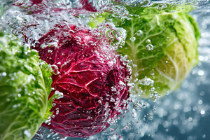 Colorful cabbage heads splashing in water, a Food & Drink Photo by AlyaAnd