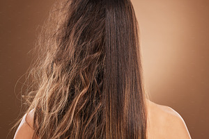 Frizz, heat damage and hair of a woman isolated on a brown background in a studio. Back, salon treatment and lady showing results from keratin treatment, before and after a hairdresser procedure, a Photo by Peopleimages.com