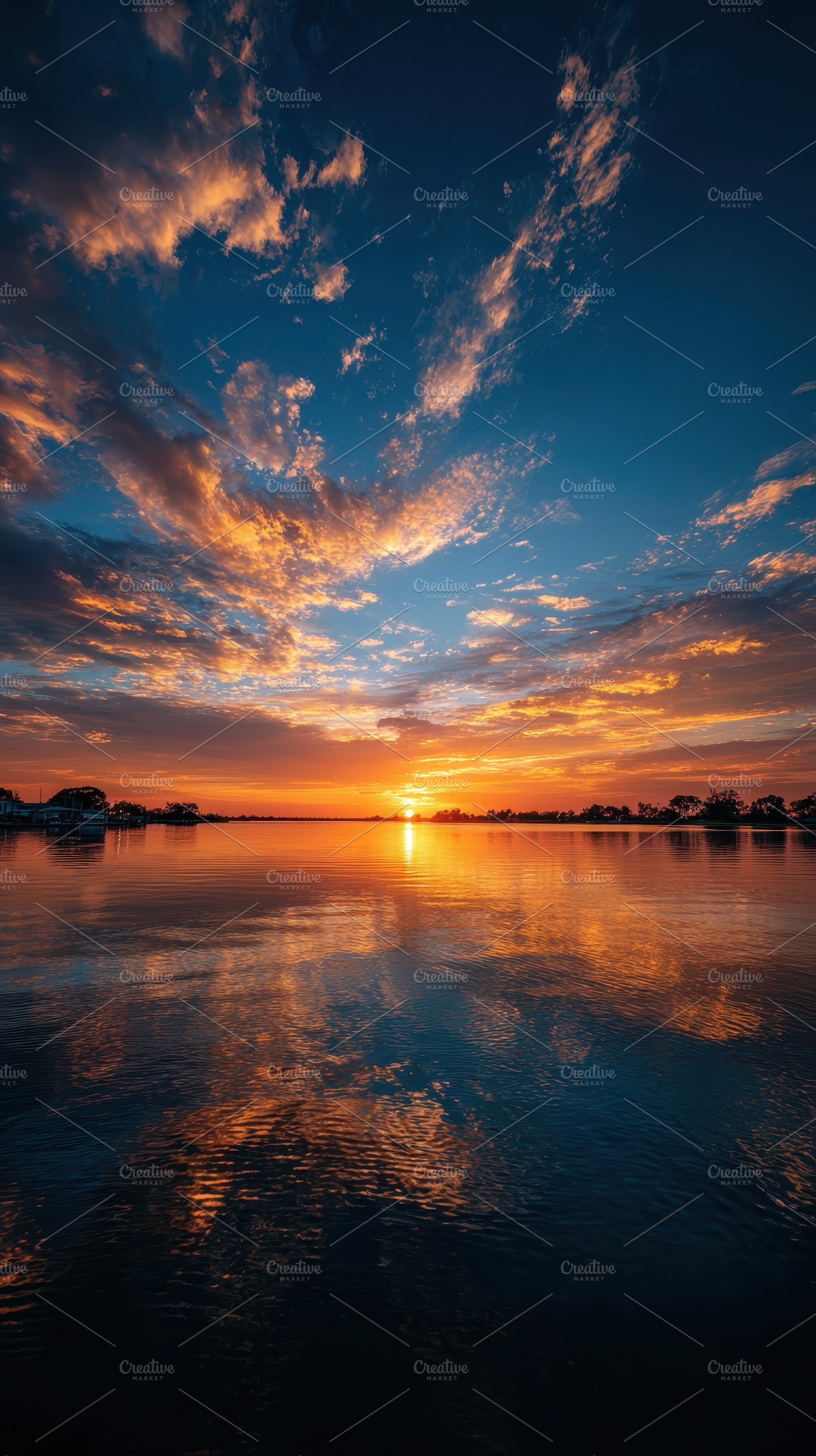 Fiery Sunset Over Calm Water Colorfu, a Photo by Pixeness Studio