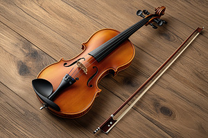 Violin and violin bow on wooden background, a Photo by AlyaAnd