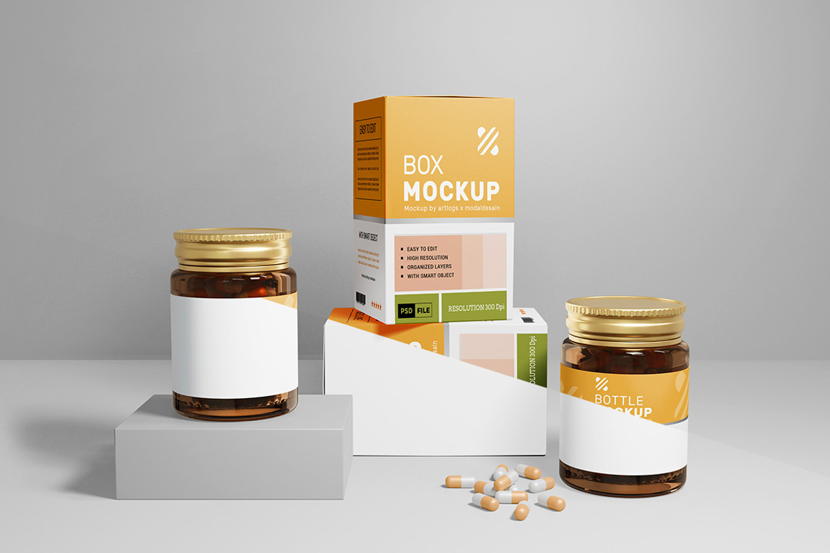 Pills Jar and Box Mockup, a Packaging Mockup by Artlogs x Modaldesain (Photo 3 of 3)