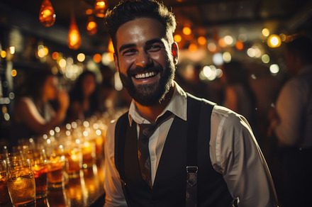 Portrait of handsome bartender standing at bar counter and smili, a Person Photo by AS photostudio