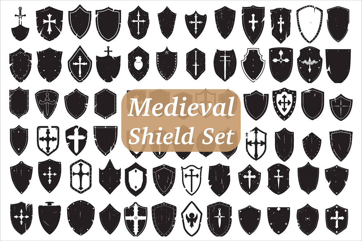 Medieval Shield Silhouette Set, an Illustration by jahid234