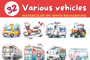 Various vehicles watercolor JPG whit, a Transportation Illustration by John_Walker