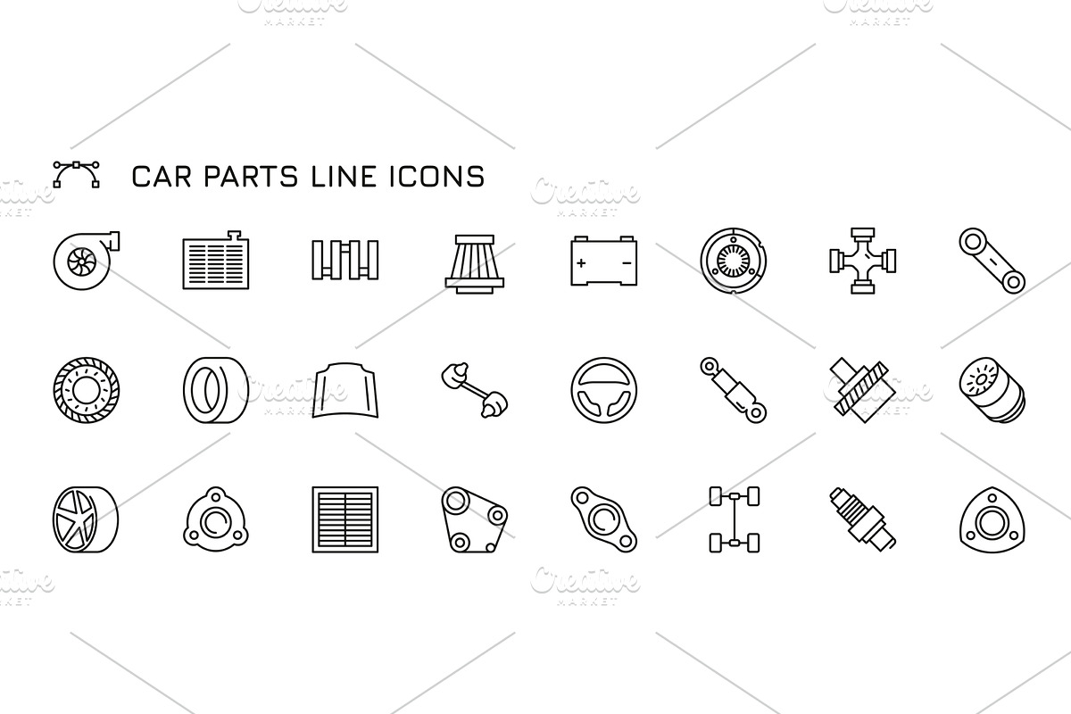 Car parts line icons. Black outline, a Transportation Illustration by Frogella