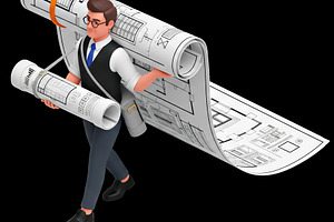 3D cartoon architect with giant blue, a Photo by angellodeco