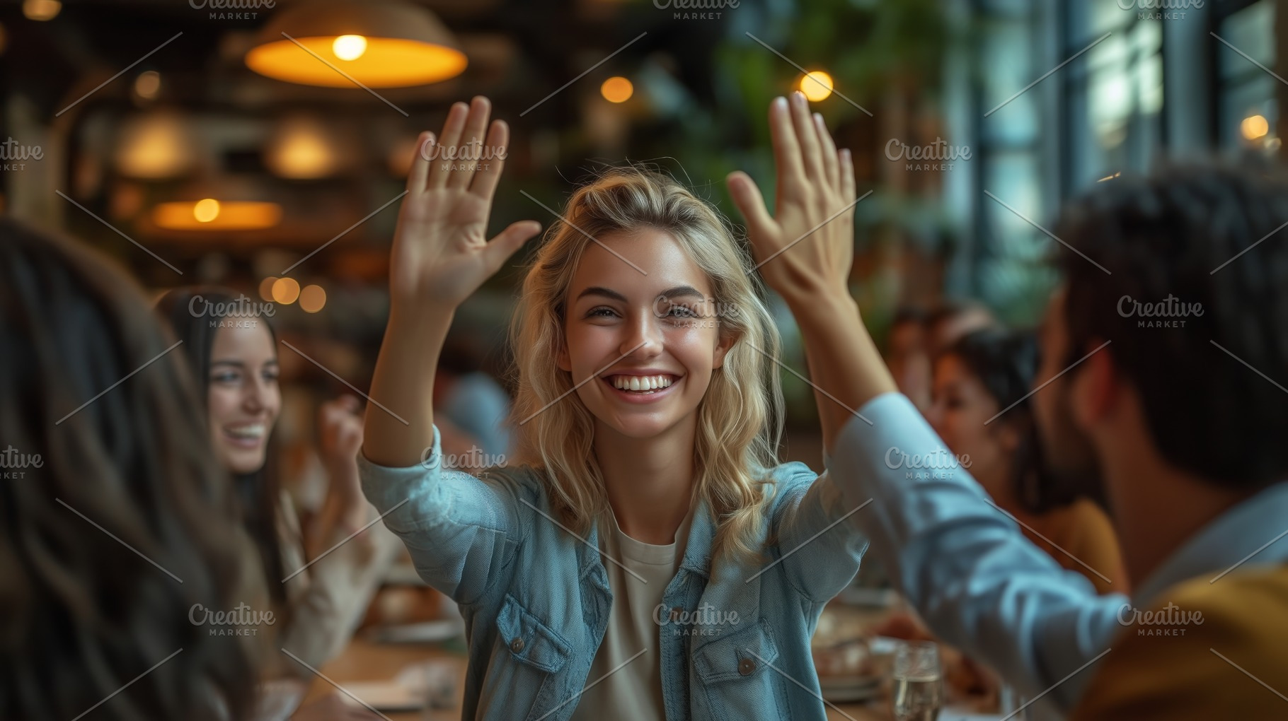 Cheerful young woman enjoying a lively moment with friends in a cozy restaurant, a Person Photo by ImageMir