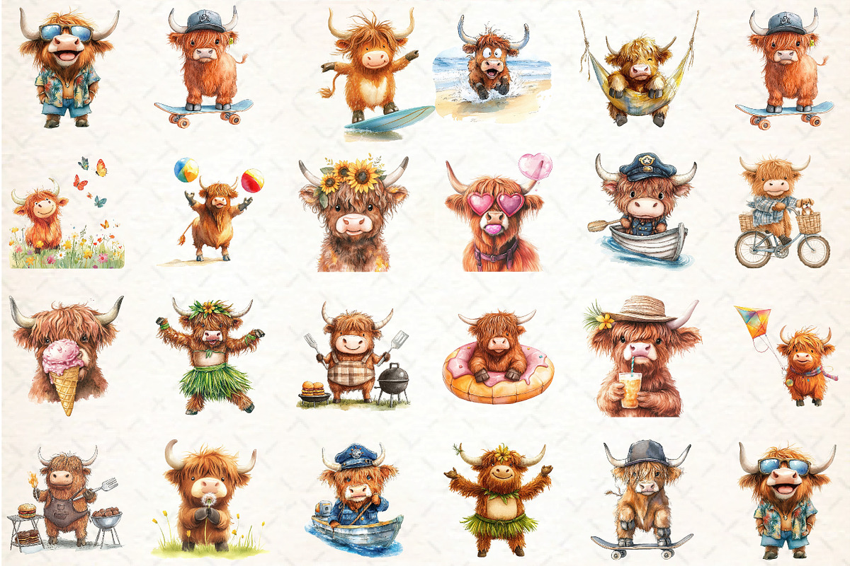 Summer funny  Cute Highland Cow, an Illustration by DreamCafeArt (Photo 2 of 3)