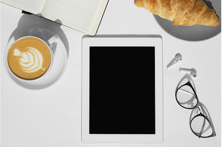 Top view of coffee, croissant, a Food & Drink Photo by Aliona Serzhanova