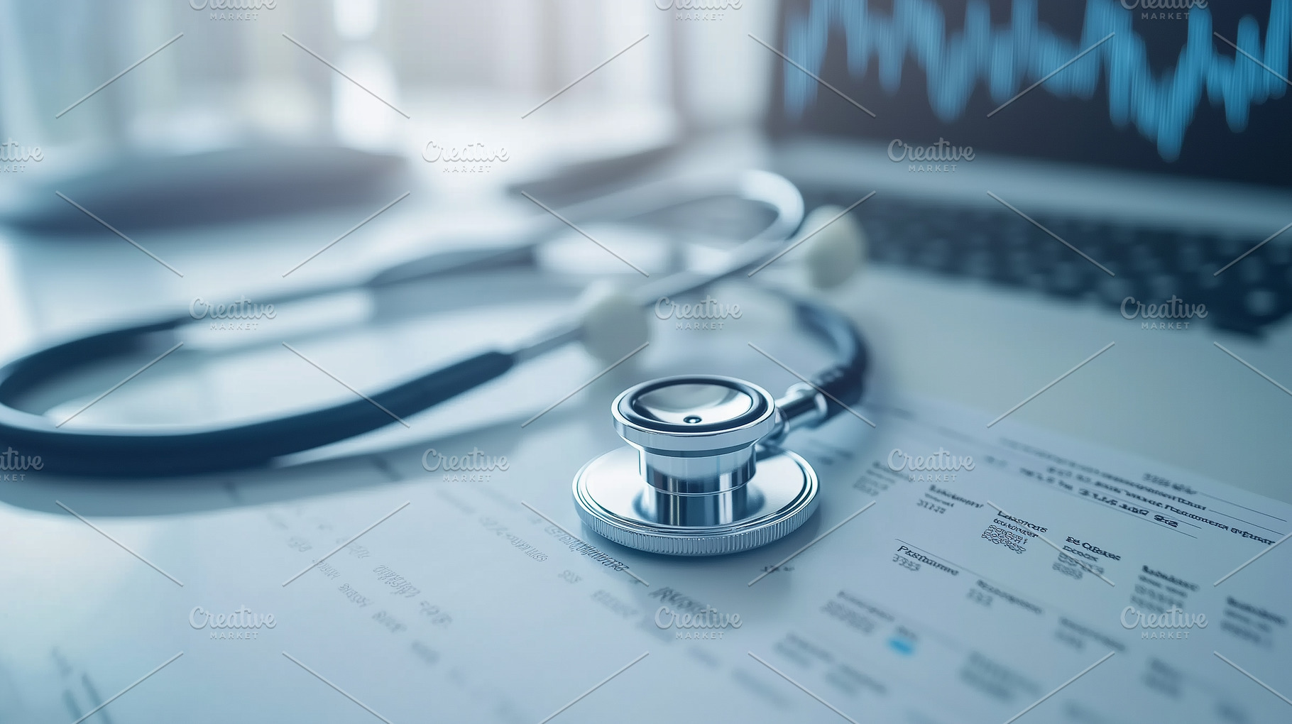 Stethoscope and laptop on a report, a Health & Medical Photo by MistyDay