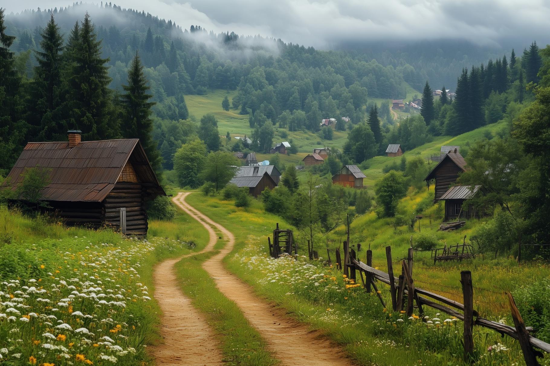 A serene rural landscape featuring a dirt path winding through lush ...