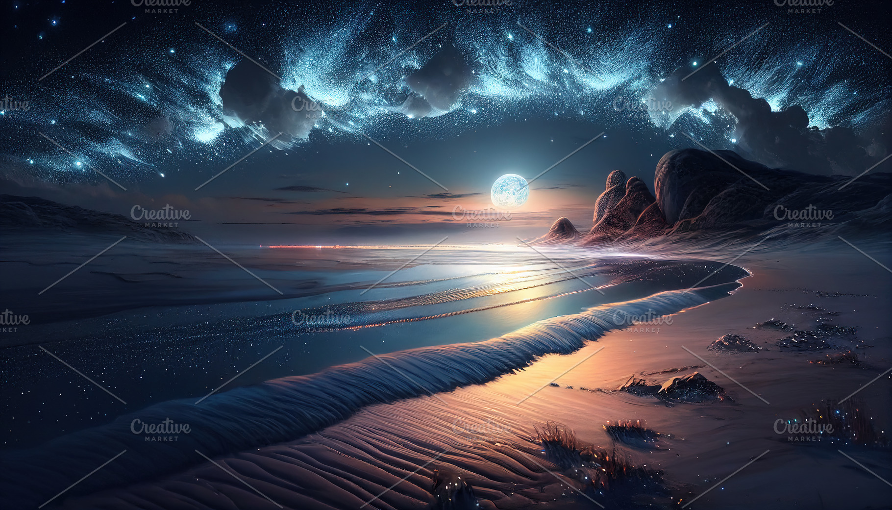 Beautiful coastal landscape with glowing moon reflecting in wate, a Nature Photo by Studio Light & Shade