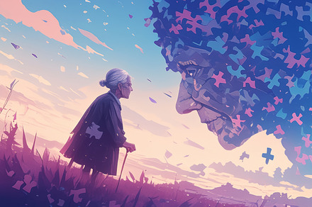 Elderly woman with symbolic puzzle face representing memory loss, an Illustration by AS photostudio