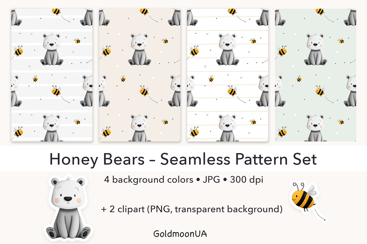 Honey Bears Patterns & Clipart, an Animal Illustration by GoldmoonUA (Photo 1 of 5)
