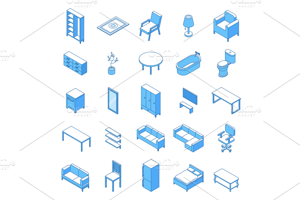 Isometric linear house furniture. 3d, an Object Illustration by Valerie Bodnar