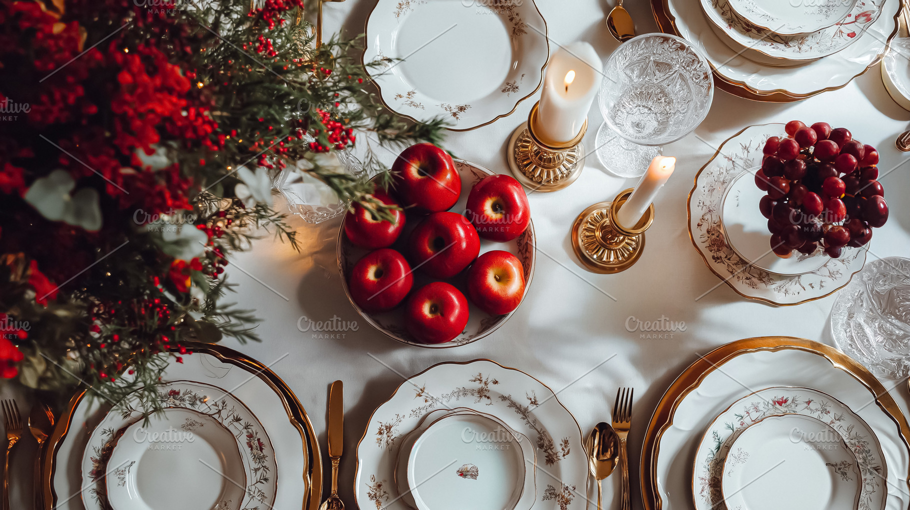 Festive dinner table setting with red apples, grapes, candles, and elegant gold, a Food & Drink Photo by Studio ANNA