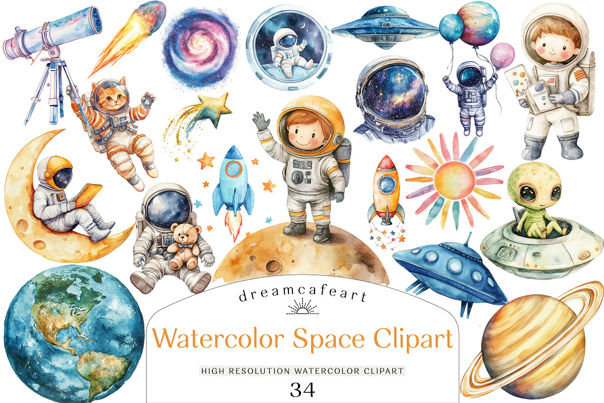 Watercolor Space Clipart Bundle, an Illustration by DreamCafeArt (Photo 1 of 5)