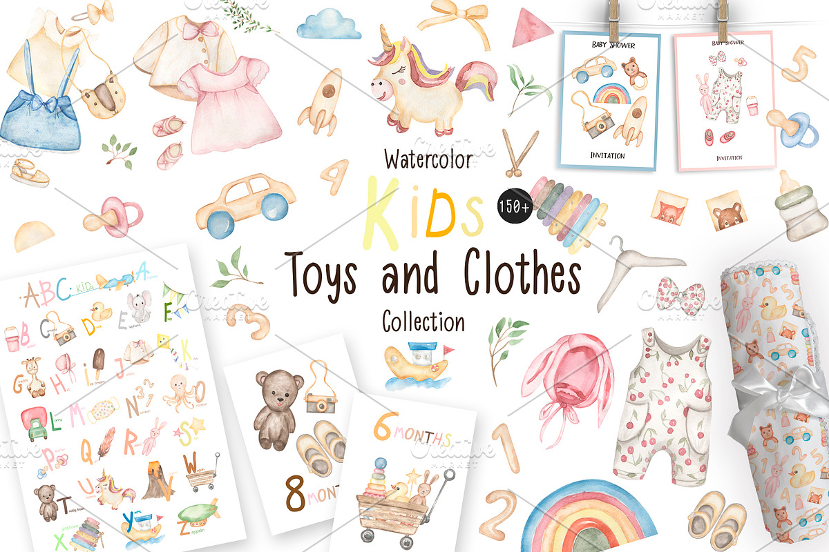 Watercolor Kids Toys & Clothes, an Object Illustration by MayaNavits (Photo 1 of 17)