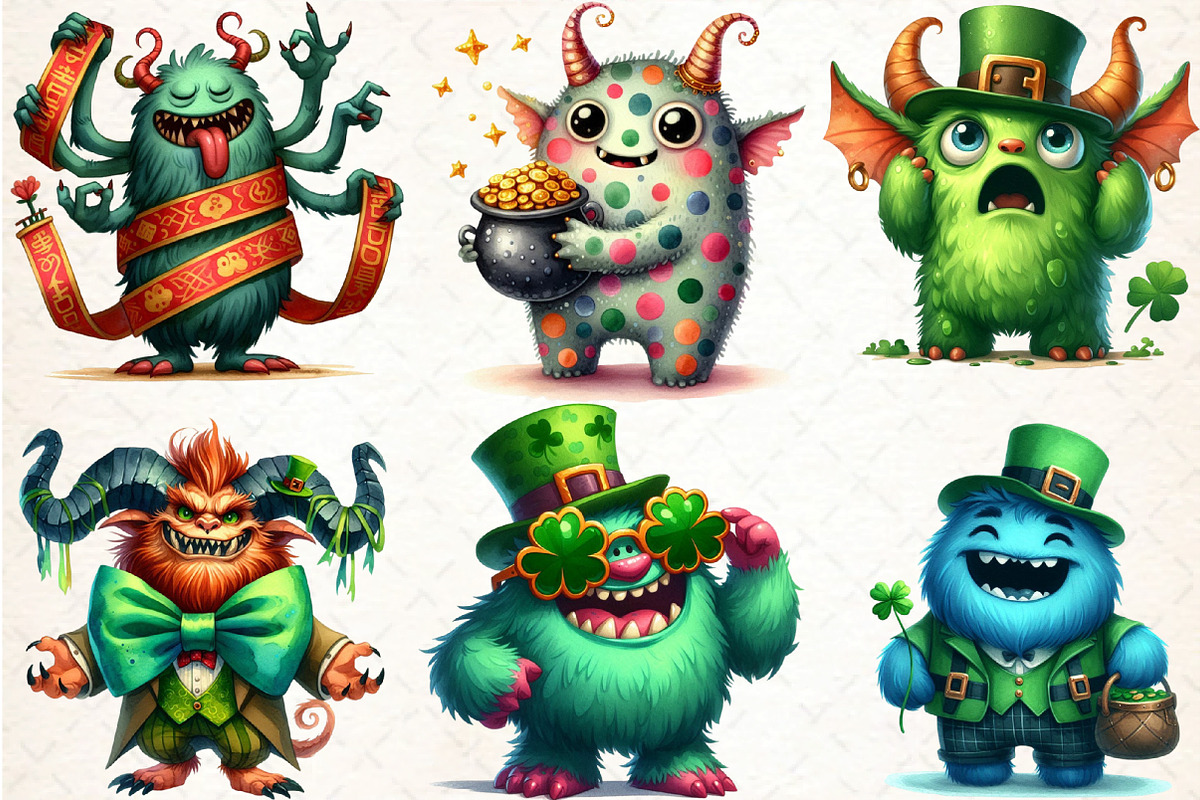 Watercolor St .Patricks Monsters Cli, an Illustration by DreamCafeArt (Photo 2 of 4)